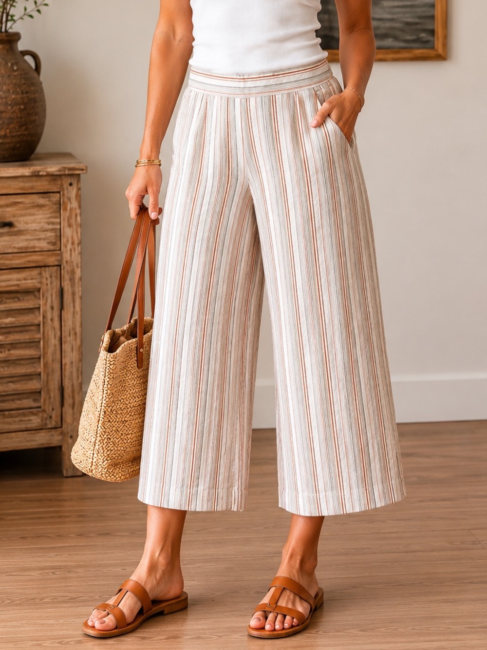 🟠NWT FATE Lightweight Wide-Leg High Waist Cropped Beachy Pants - Neutral Stripes